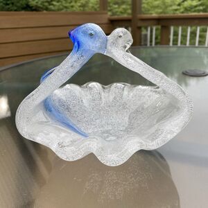 Vintage Murano style white & blue Glass blown bowl basket Handcrafted Art Glass